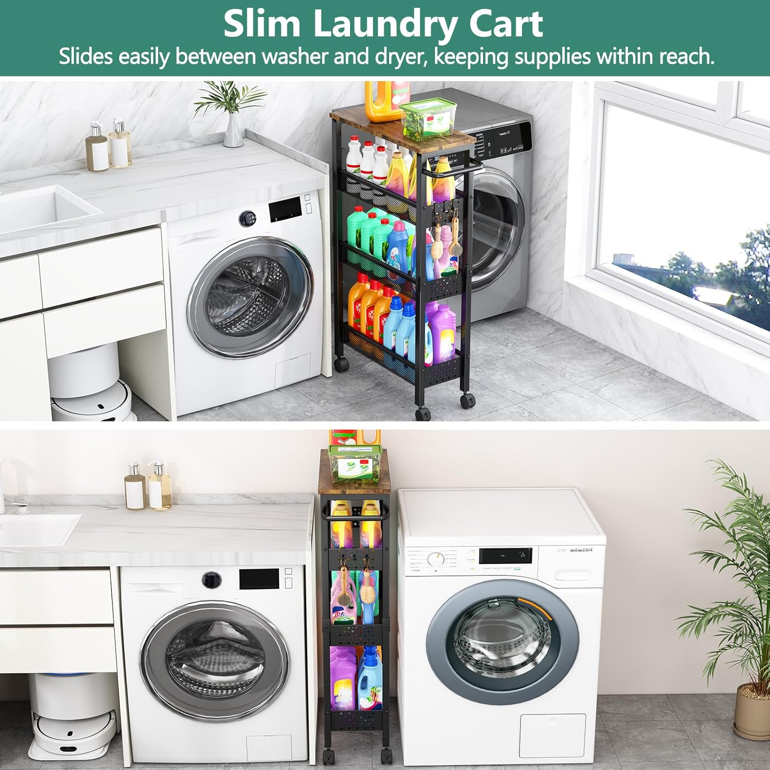 Thumbnail 1 de Vivihomety Utility Slim Storage Cart with Wood Top and Wheels