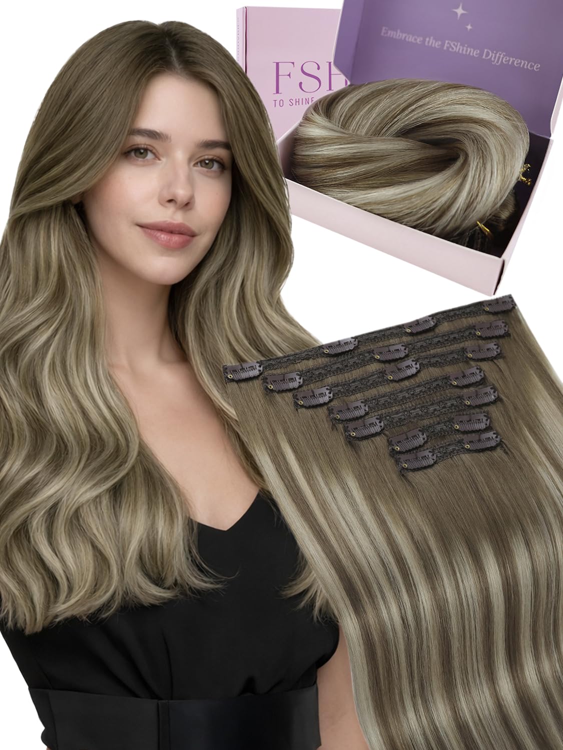 Fshine Clip-in Echthaar Extensions 45 cm, 120 g – Balayage Mittelbraun bis Hellblond, 7 Stück