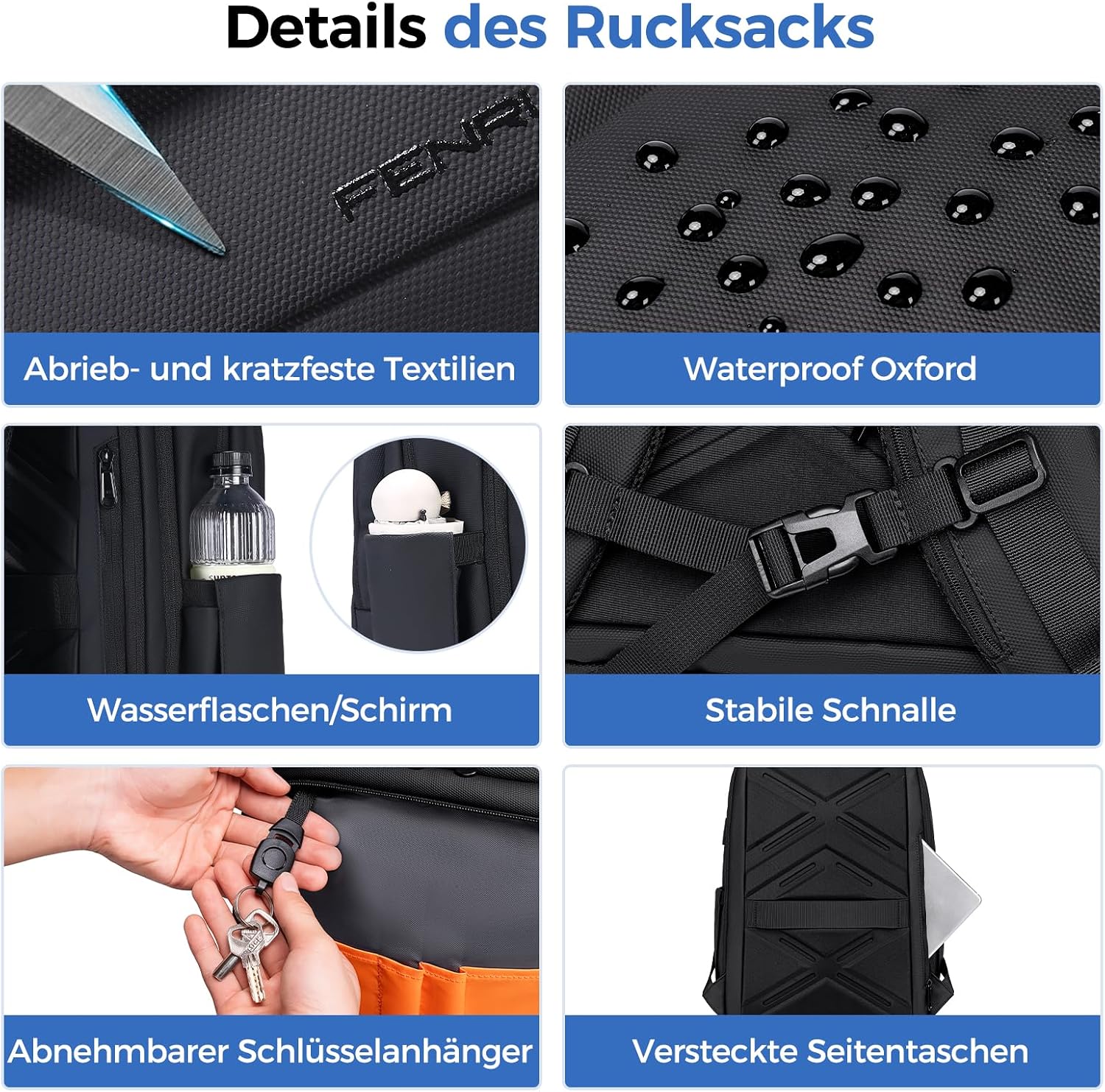 Detalle de Fenree.geer Rucksack Herren 17,3 Zoll – erweiterbarer Handgepäck-Laptoprucksack mit USB-Anschluss und Diebstahlschutz