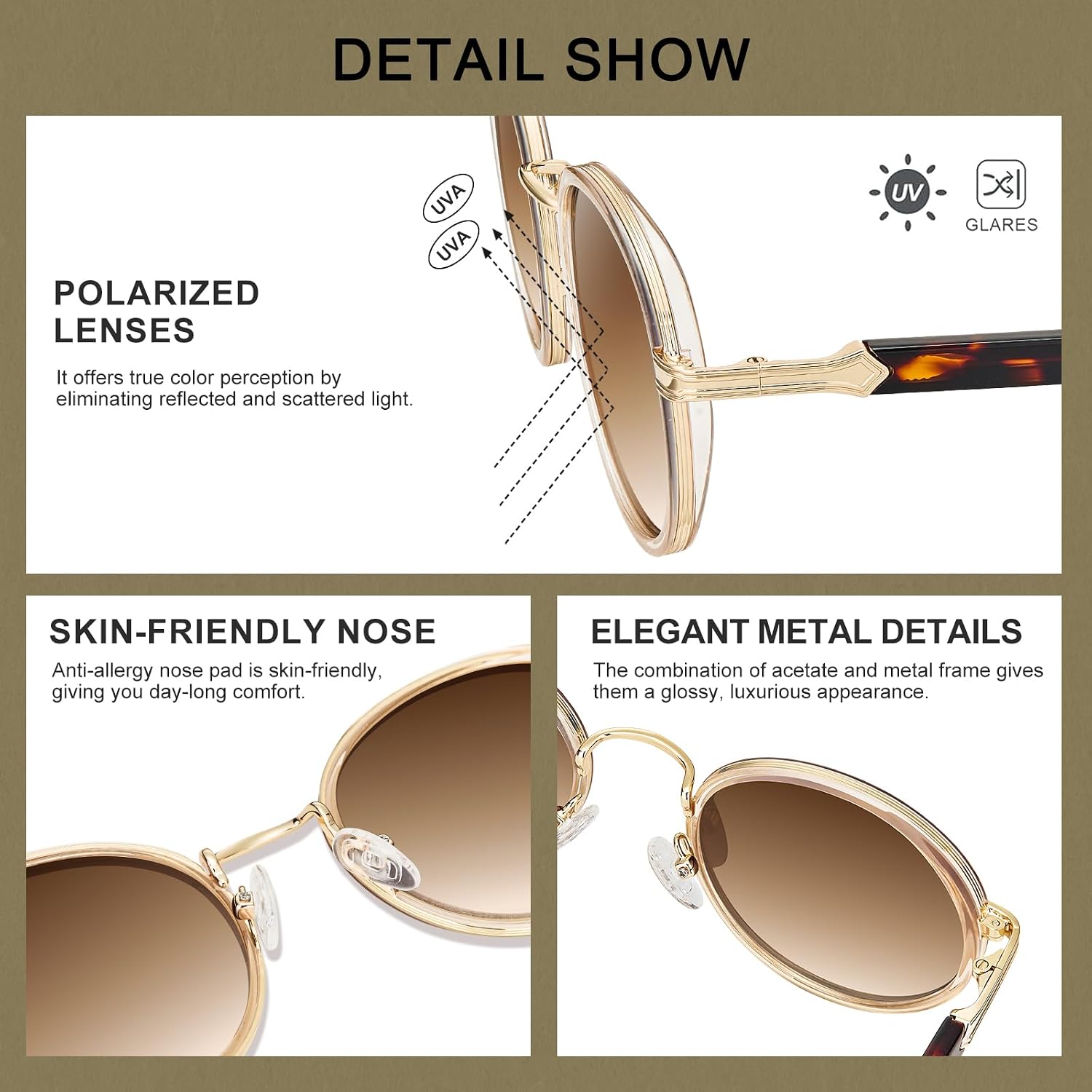 Thumbnail 5 de CARFIA Women's Polarised Round Sunglasses UV400 – Acetate & Metal Frame CA1951