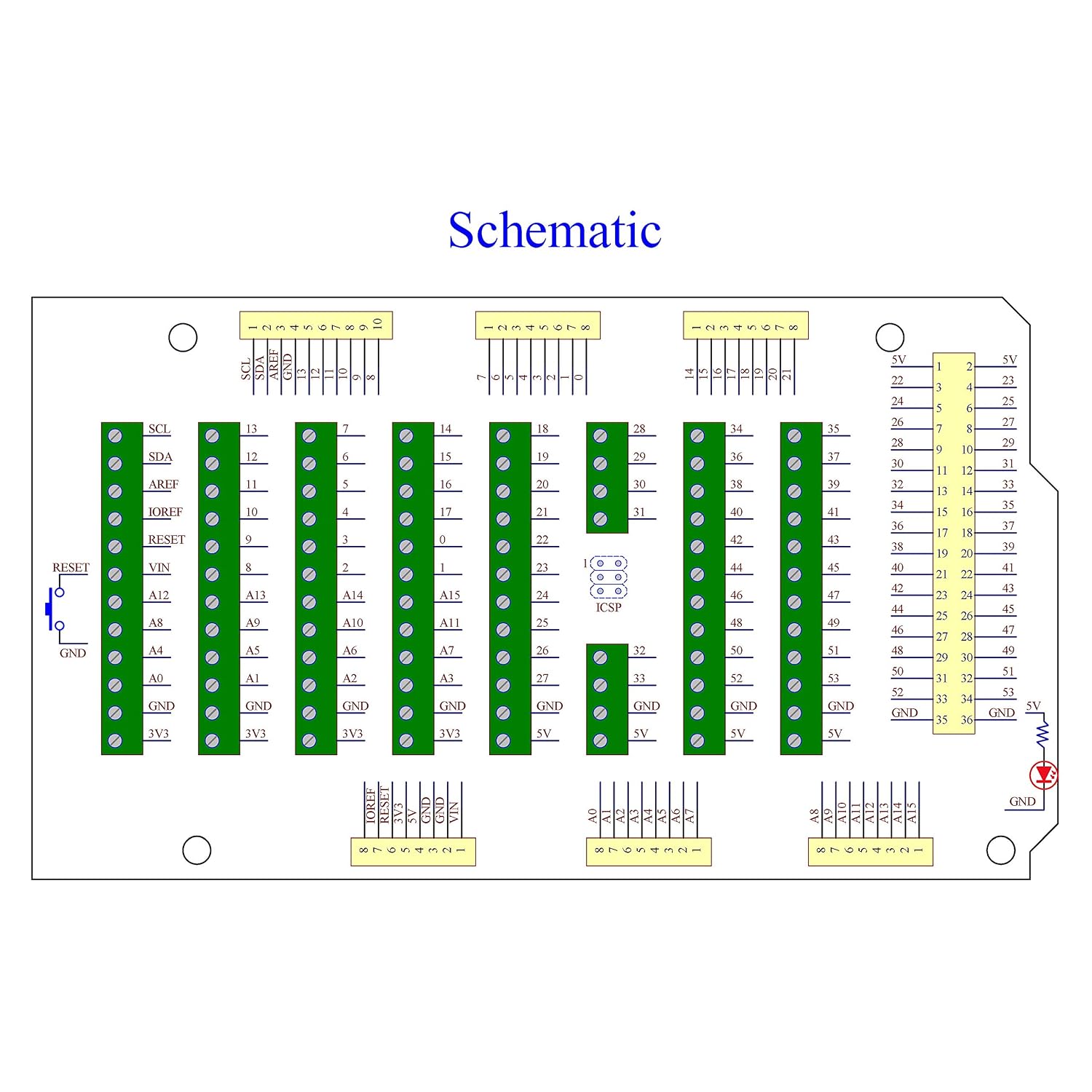 Detalle de HCDC HD025 Arduino MEGA-2560 R3用ねじ端子台ブレークアウトシールド、3.5mmピッチ・電源LED付き