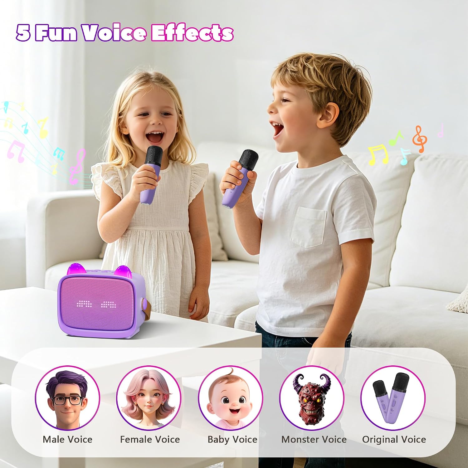 Detalle 2 de Mini Karaoke Machine for Kids, Portable Bluetooth Speaker with 2 Wireless Microphones (Purple)