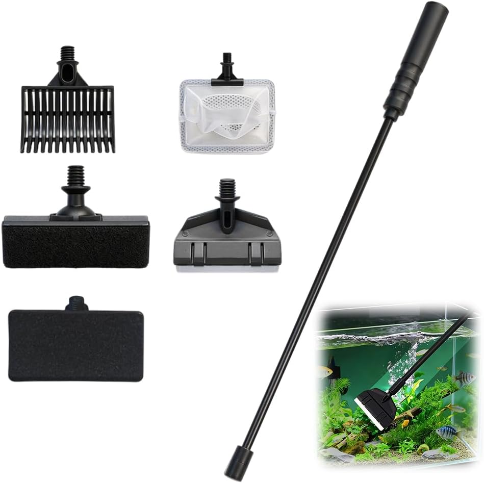 MIUUIPI Aquarium Reinigungsset 5-in-1 mit Kescher, Kiesrechen, Algenschaber und Bürsten