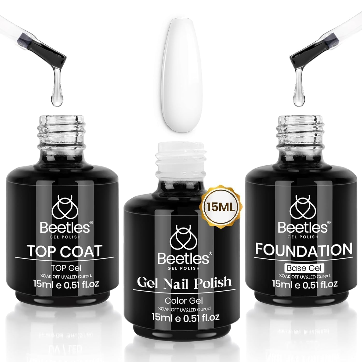 Detalle de Beetles 3Pcs 15ml White Gel Nail Polish and No Wipe Gel Top Coat & Base Coat Set