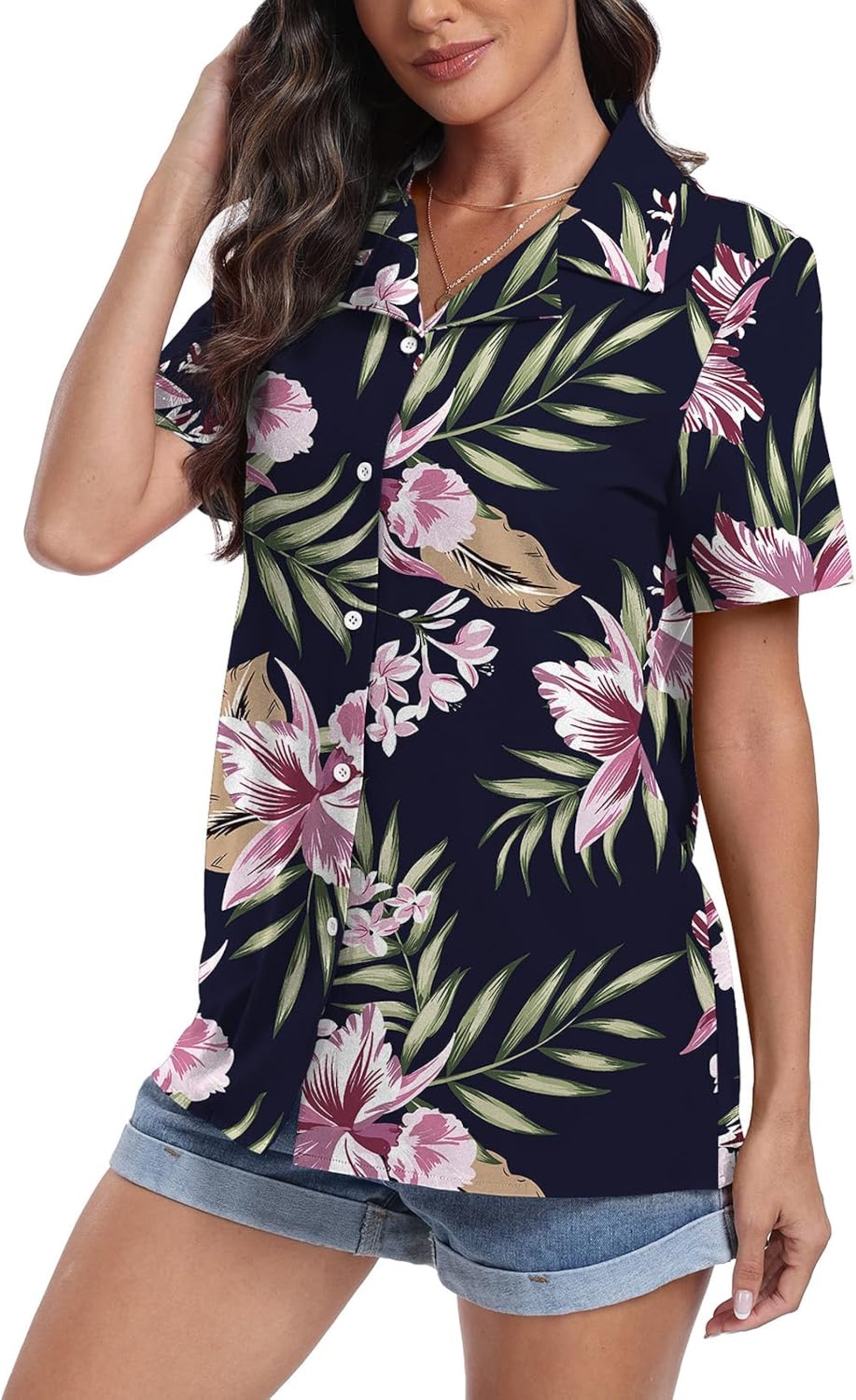 Thumbnail 1 de YUNDAI women’s Hawaiian short-sleeve button-down floral V-neck shirt (chiffon)