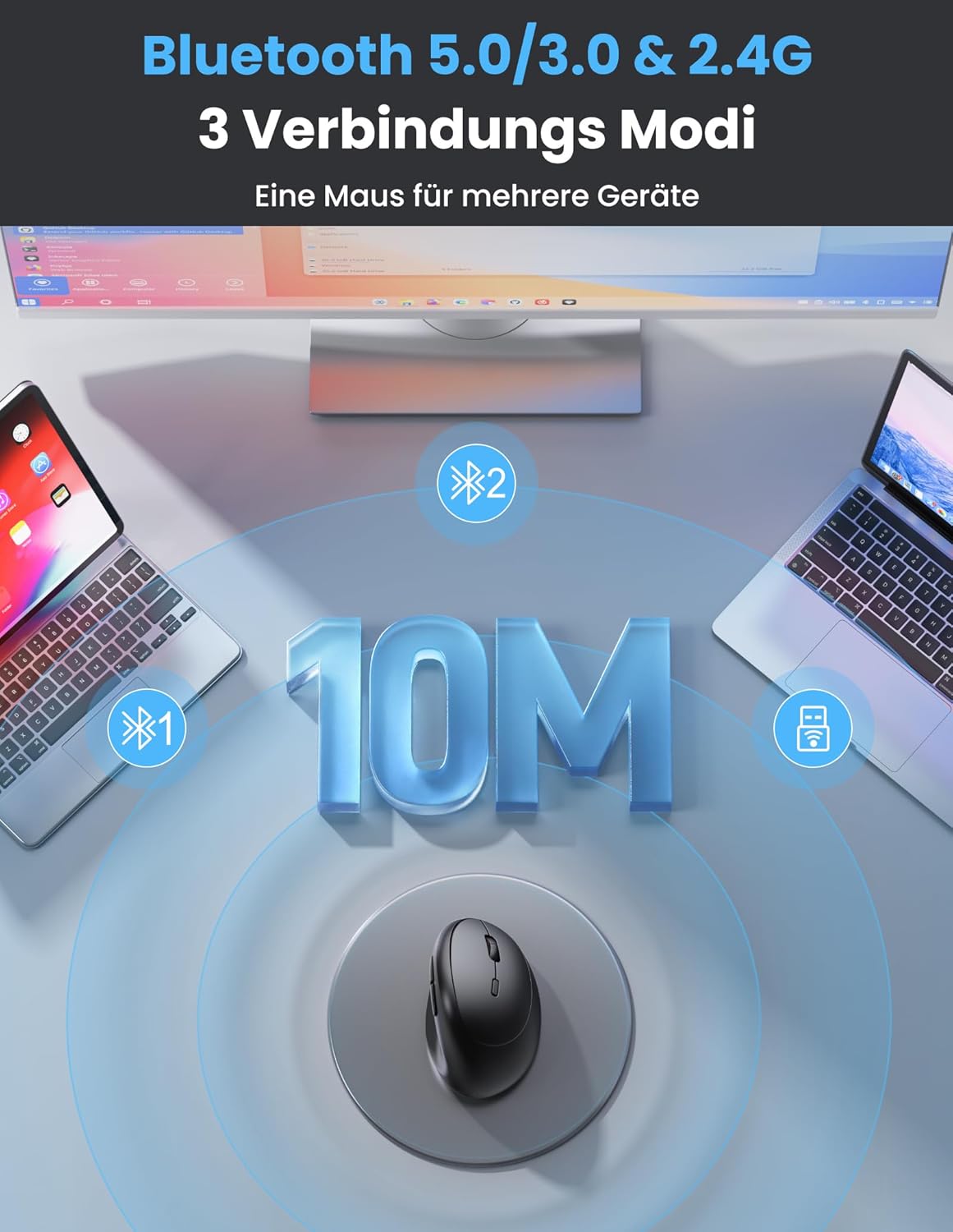 Thumbnail 1 de TECKNET ergonomische Bluetooth-Maus (BT 5.0/3.0 + 2,4G), wiederaufladbar, 3-Geräte, 6 Tasten, 4800 DPI