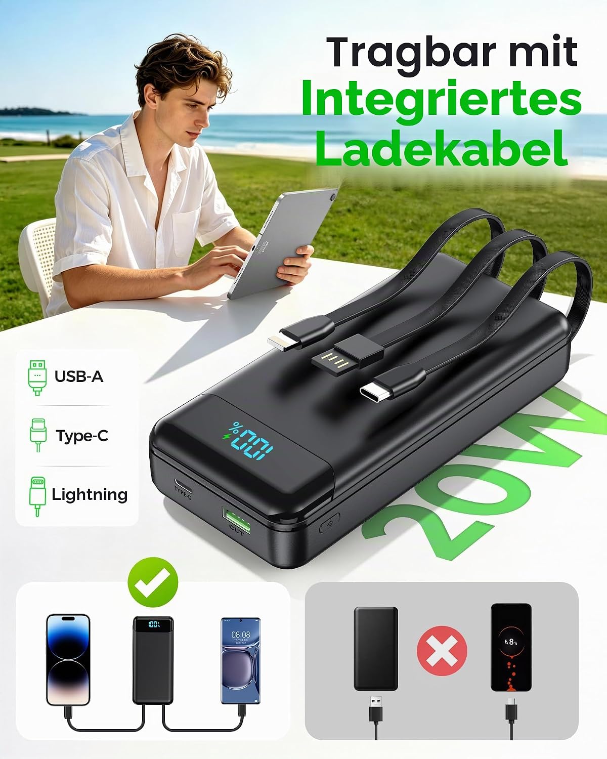 Detalle de Power Bank 27000mAh – USB‑C PD 20W, 4 Ausgänge, 3 Eingänge, LCD Display – kompatibel mit iPhone 17 Serie