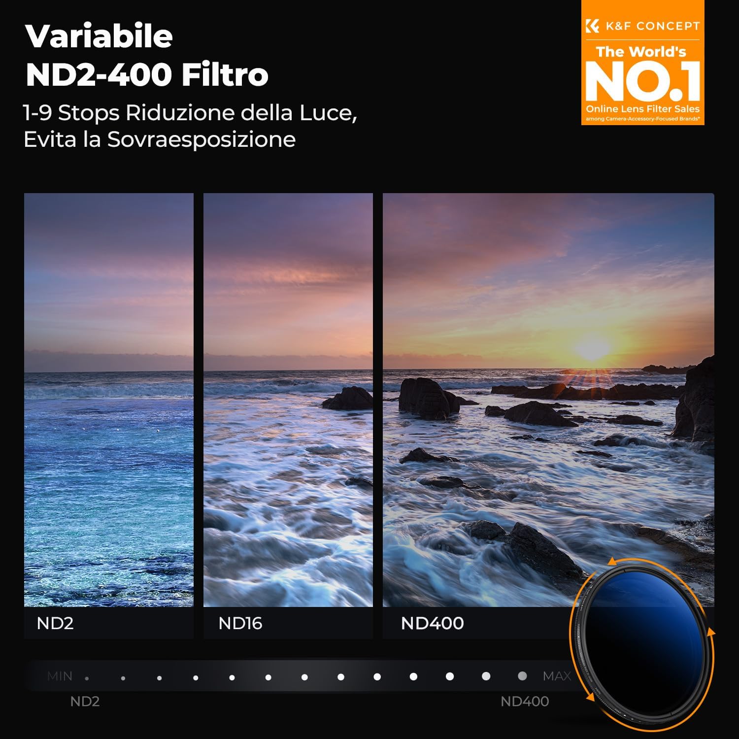 Thumbnail 1 de K&F CONCEPT Nano-Klear 62mm ND variabile ND2-ND400 (1–9 stop) con rivestimento nano e panno di pulizia