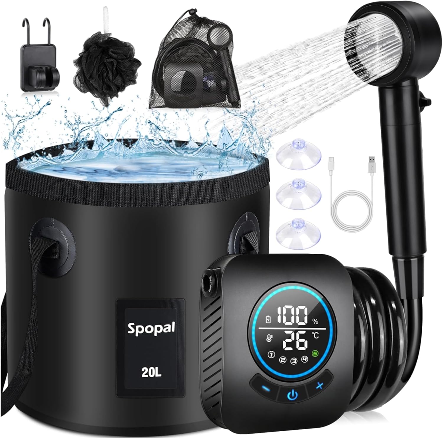Detalle de Spopal BCS3-PJOB draagbare campingdouche met 20-literemmer en 8.000 mAh