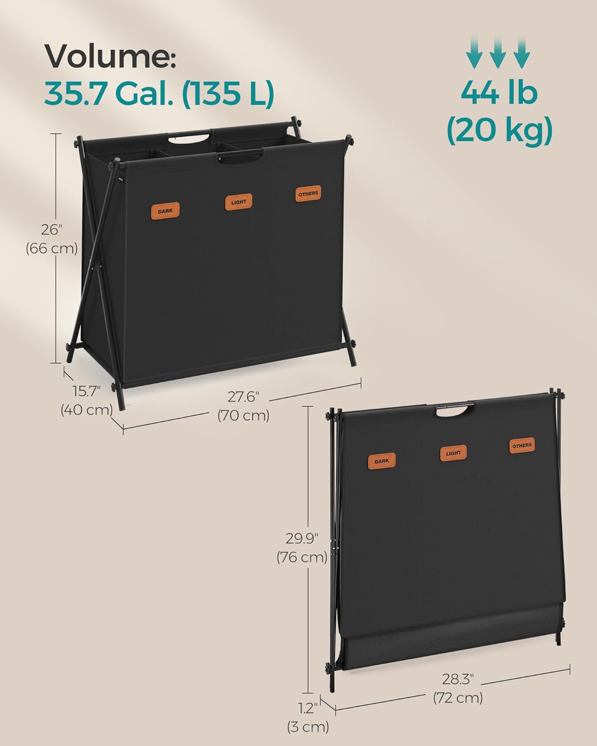 Thumbnail 6 de SONGMICS 135 L Laundry Hamper with 3 Sections (Collapsible X-Frame) – Ink Black LCB130B01