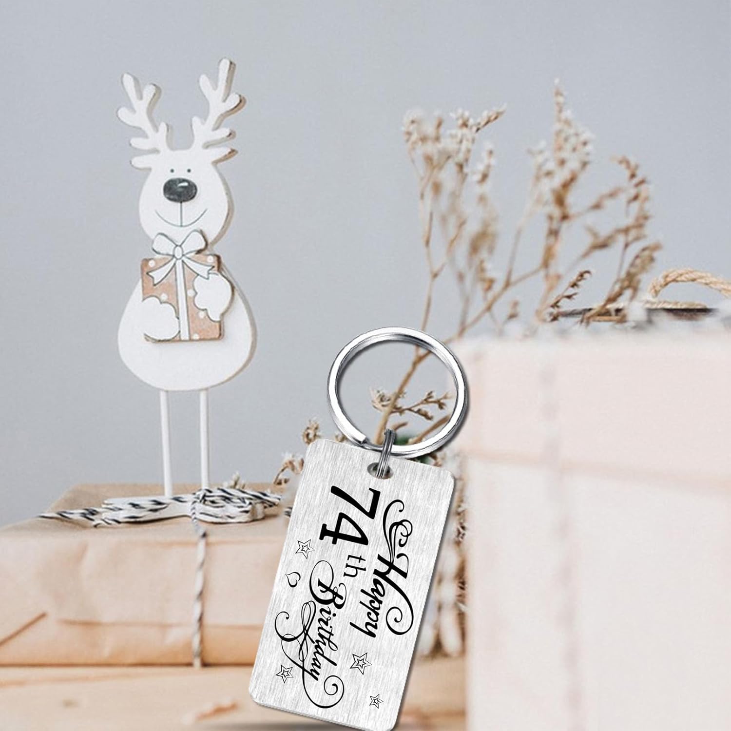 Thumbnail 5 de EE&YU 74th Birthday Stainless Steel Keyring – Engraved “Happy 74th birthday” Gift with Black Pouch