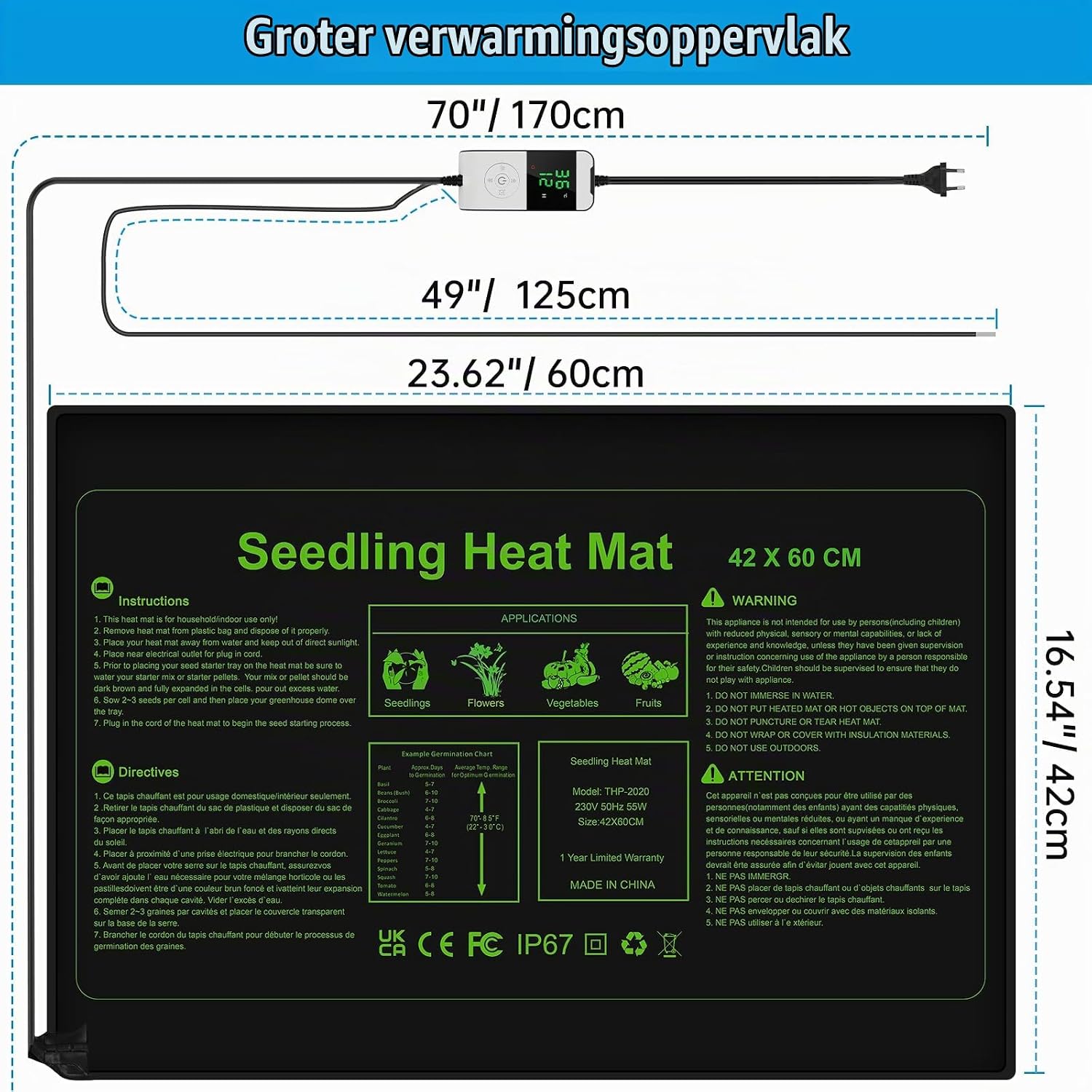 Thumbnail 6 de WADEO verwarmingsmat voor planten 60 x 42 cm, 30 W met thermostaat en timer