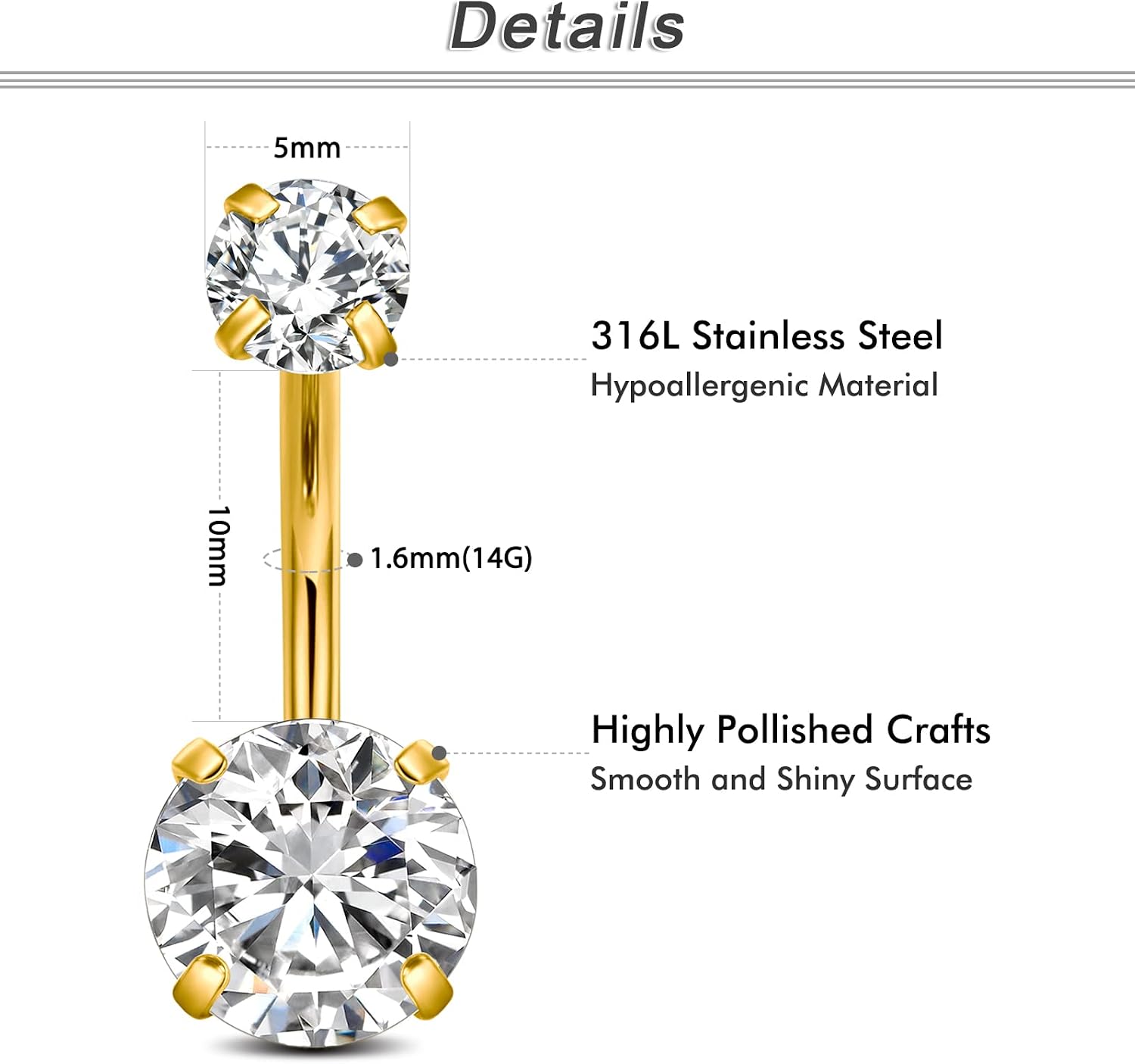 Detalle de WillTen 14G Bauchnabelpiercing Set – 3 verschiedene Designs (6–10 mm) aus 316L Edelstahl mit CZ