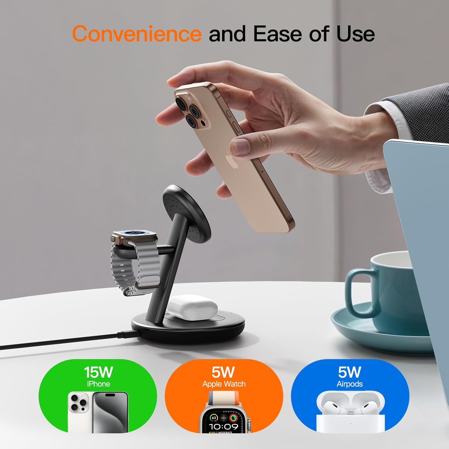 Detalle 2 de LYAOAO 3-in-1 Wireless Charging Station with 15W MagSafe and 5W Apple Watch Support