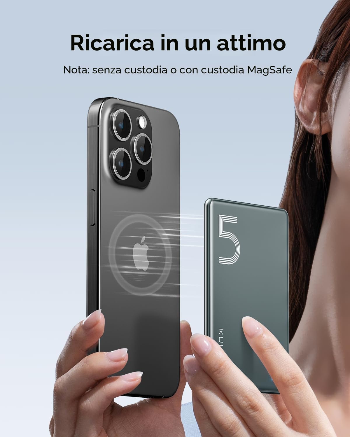 Detalle de Kuulaa Power Bank Ultra Slim MagSafe 5000 mAh: ricarica magnetica veloce e stile minimale per iPhone