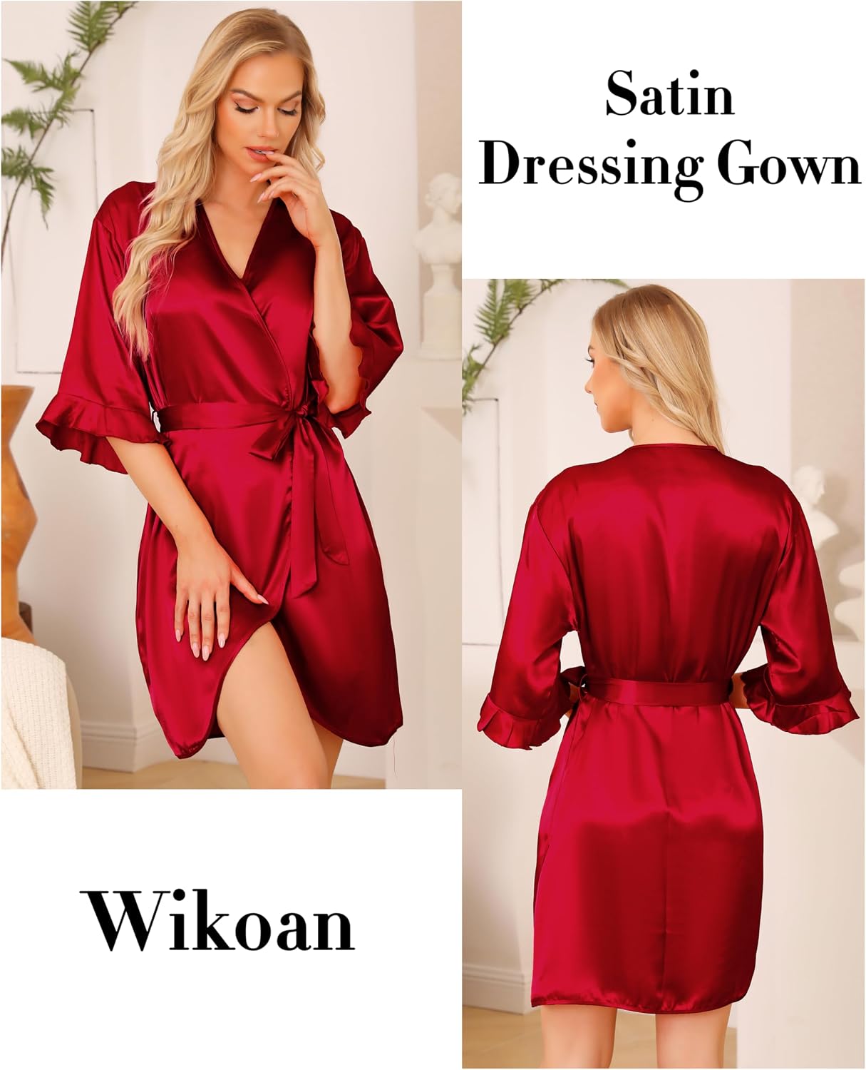 Detalle 2 de Wikoan Peignoir Satin Femme Robe courte 100% polyester