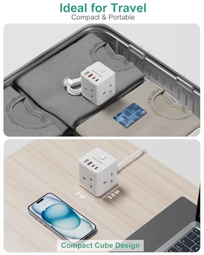 Detalle 2 de ROOTOMA UK to US Plug Adaptor 3 Way with 4 USB Fast Chargers (QC3.0/PD20W)