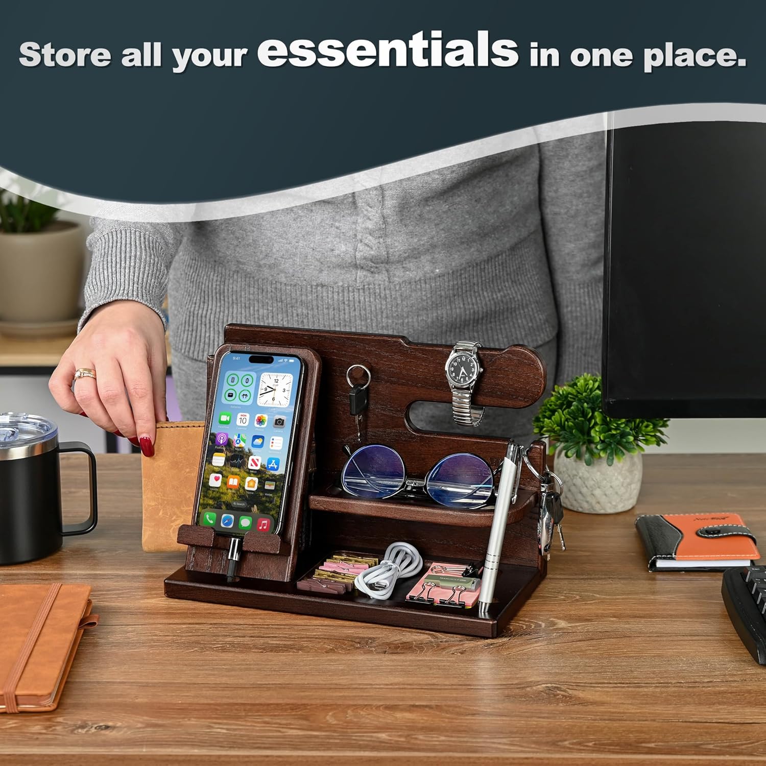 Thumbnail 1 de Teslyar Gifts for Men Wood Phone Docking Station – Solid Nightstand Organizer
