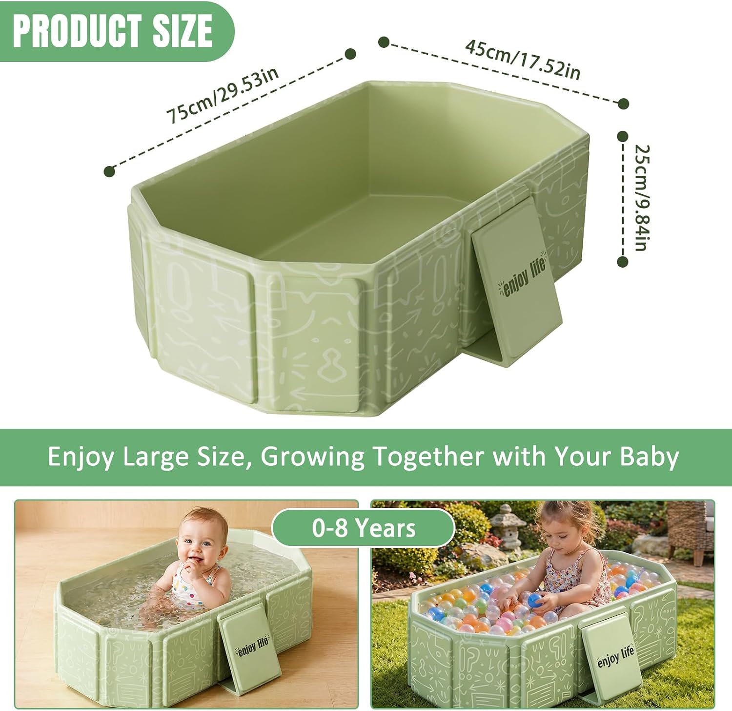 Detalle de Vaiziya opvouwbaar babybadje in groen PVC met afvoerstop