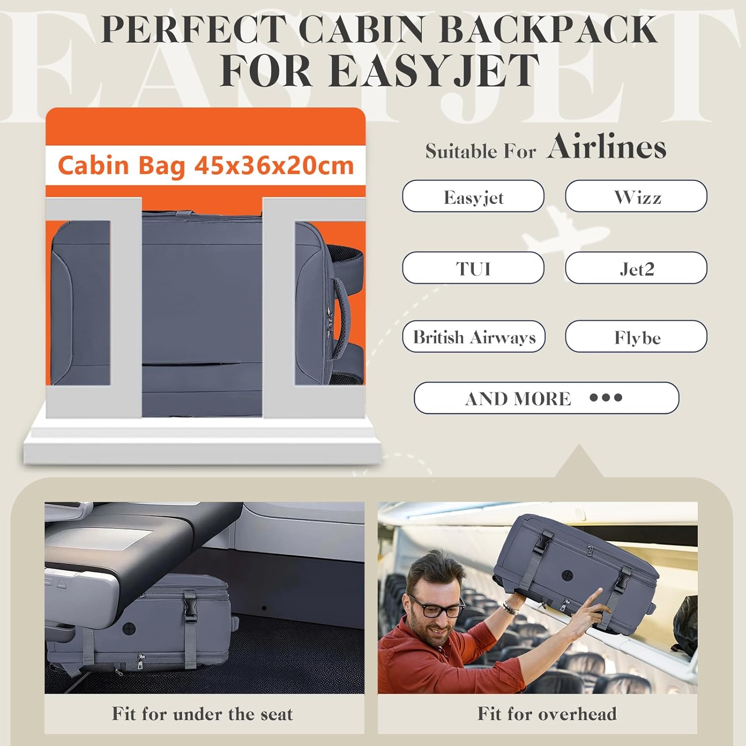 Detalle 2 de Hayayu for Easyjet Cabin Bag 45x36x20: Underseat, Water-Resistant Travel Backpack with Charging Port