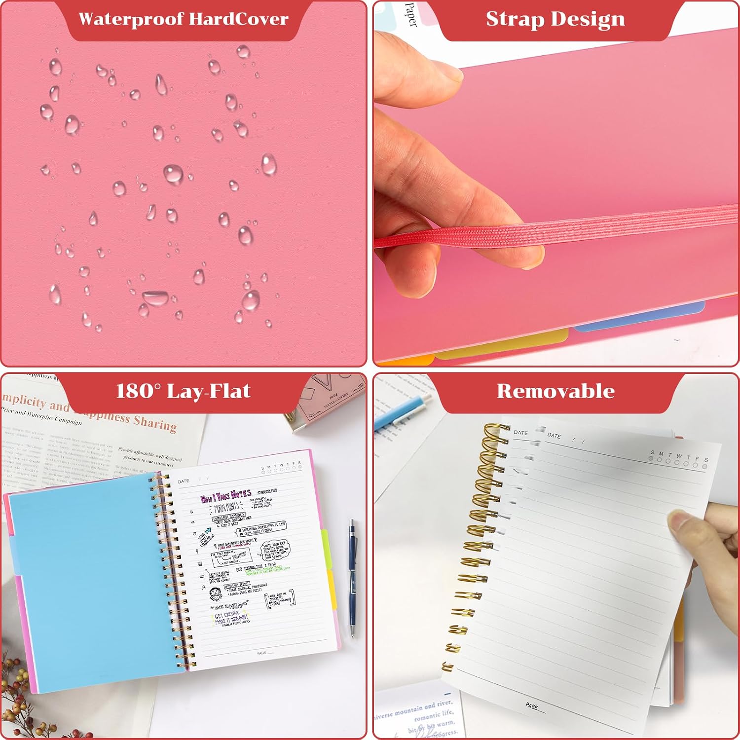 Detalle 2 de MOFELON A4 Notebook with Dividers – Pink, 240 Pages, 100gsm, PVC Hardcover