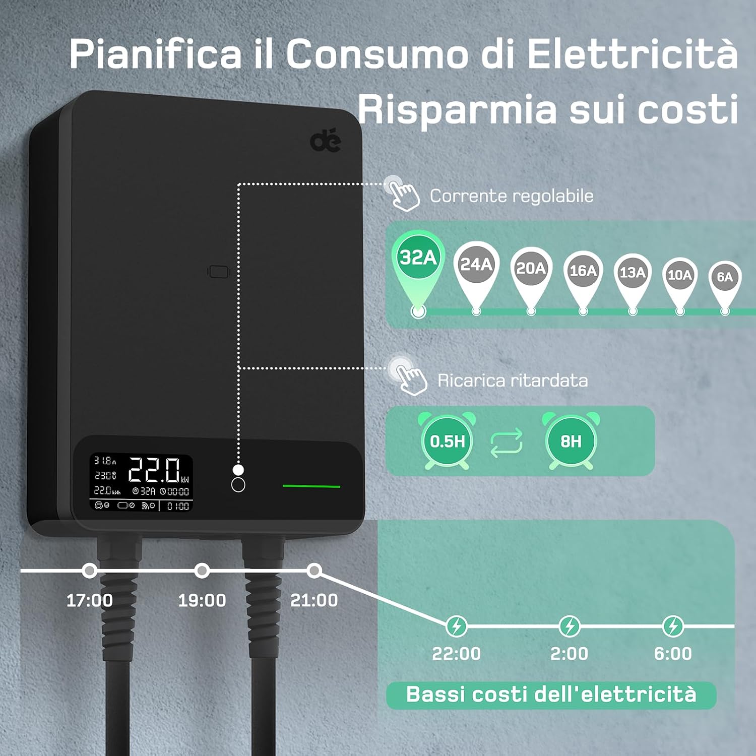 Detalle de dé Wallbox 22kW per ricarica auto elettriche con APP e RFID, trifase, Tipo 2, cavo 12,5 m, IP54 e RCD Tipo B