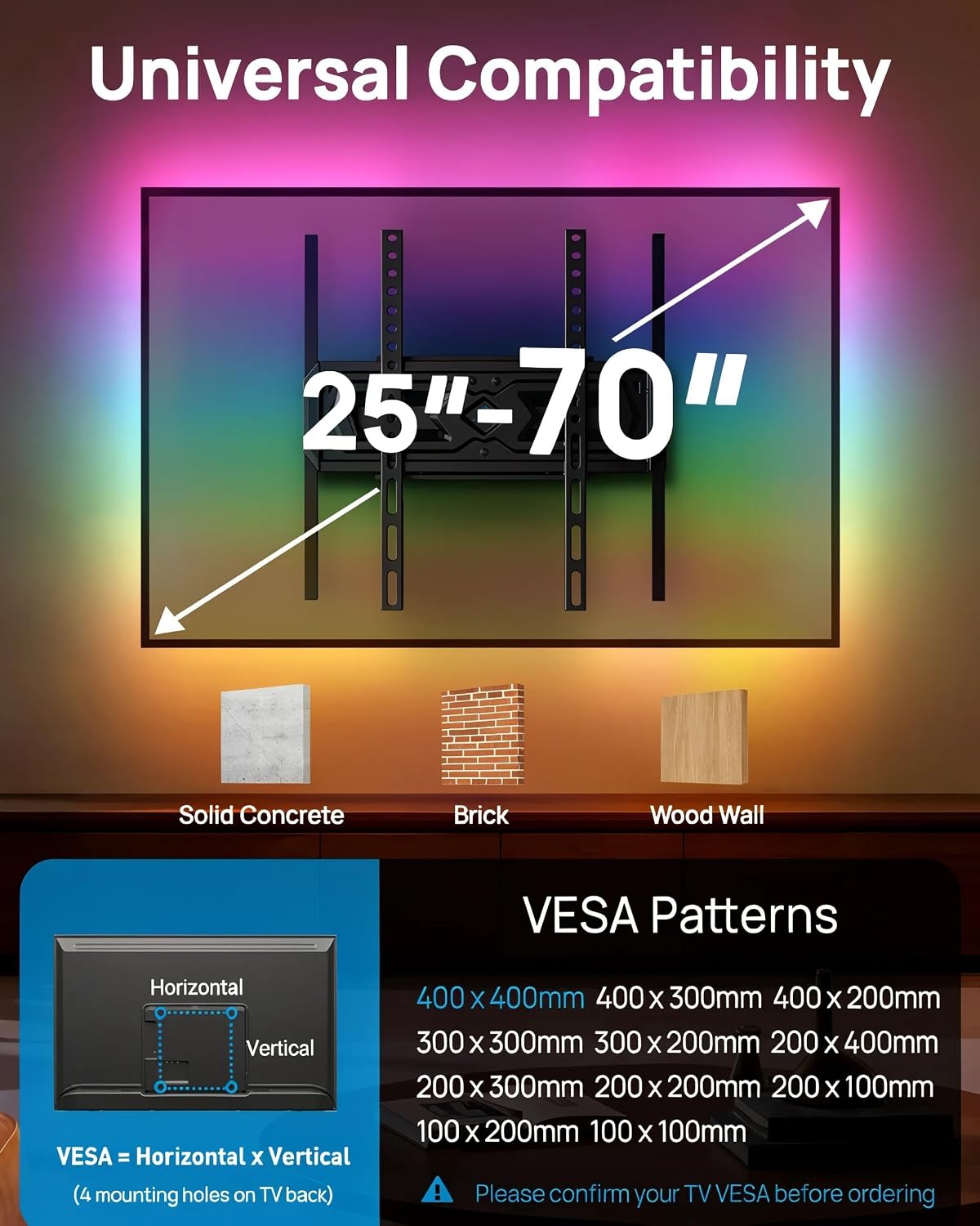 Thumbnail 1 de PERLESMITH TV Wall Bracket with LED Lights for 25-70" TVs up to 45kg