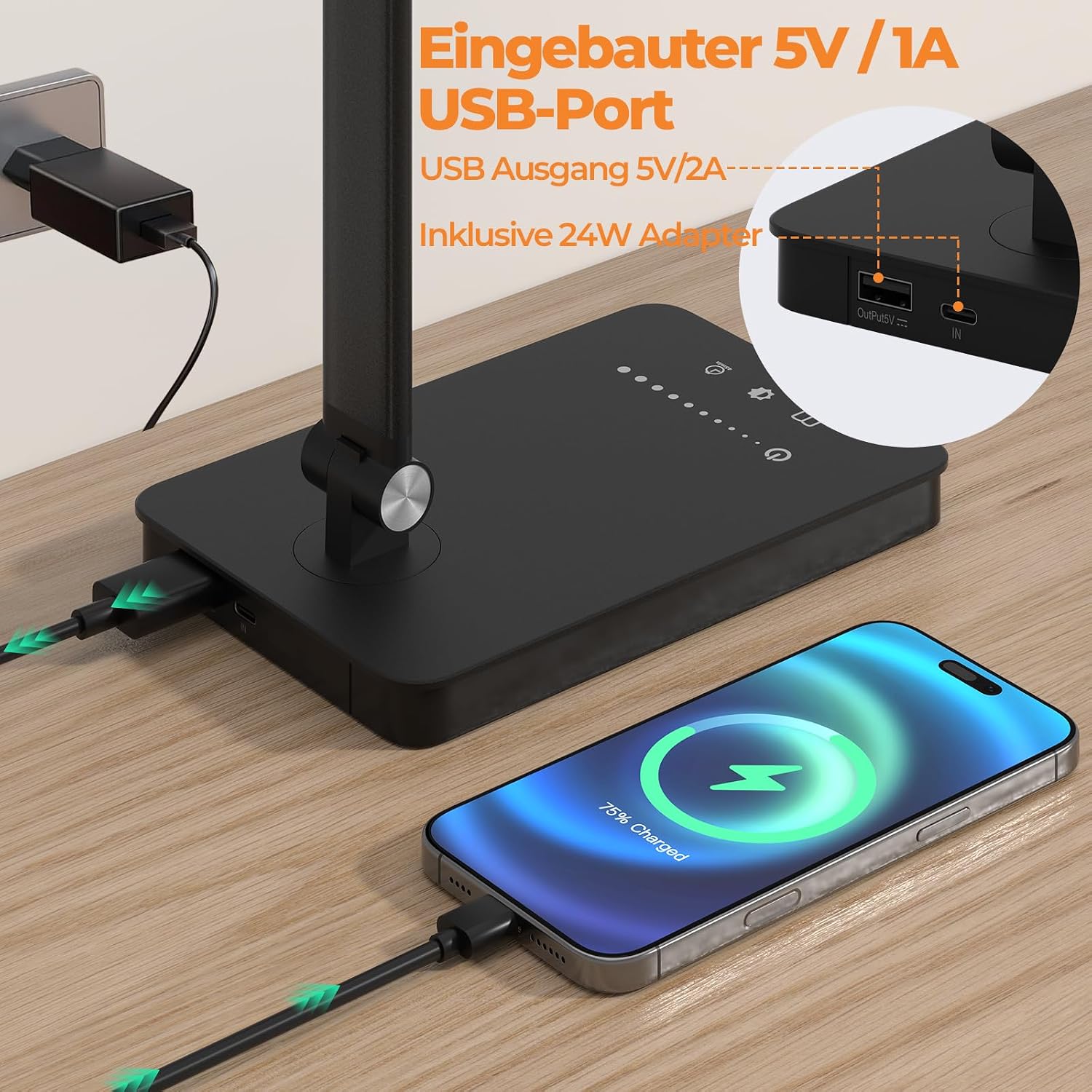 Detalle de JVURICE Schreibtischlampe LED 15W Dimmbare Tischlampe mit 180° Doppelkopf, Timer und USB-Ladefunktion