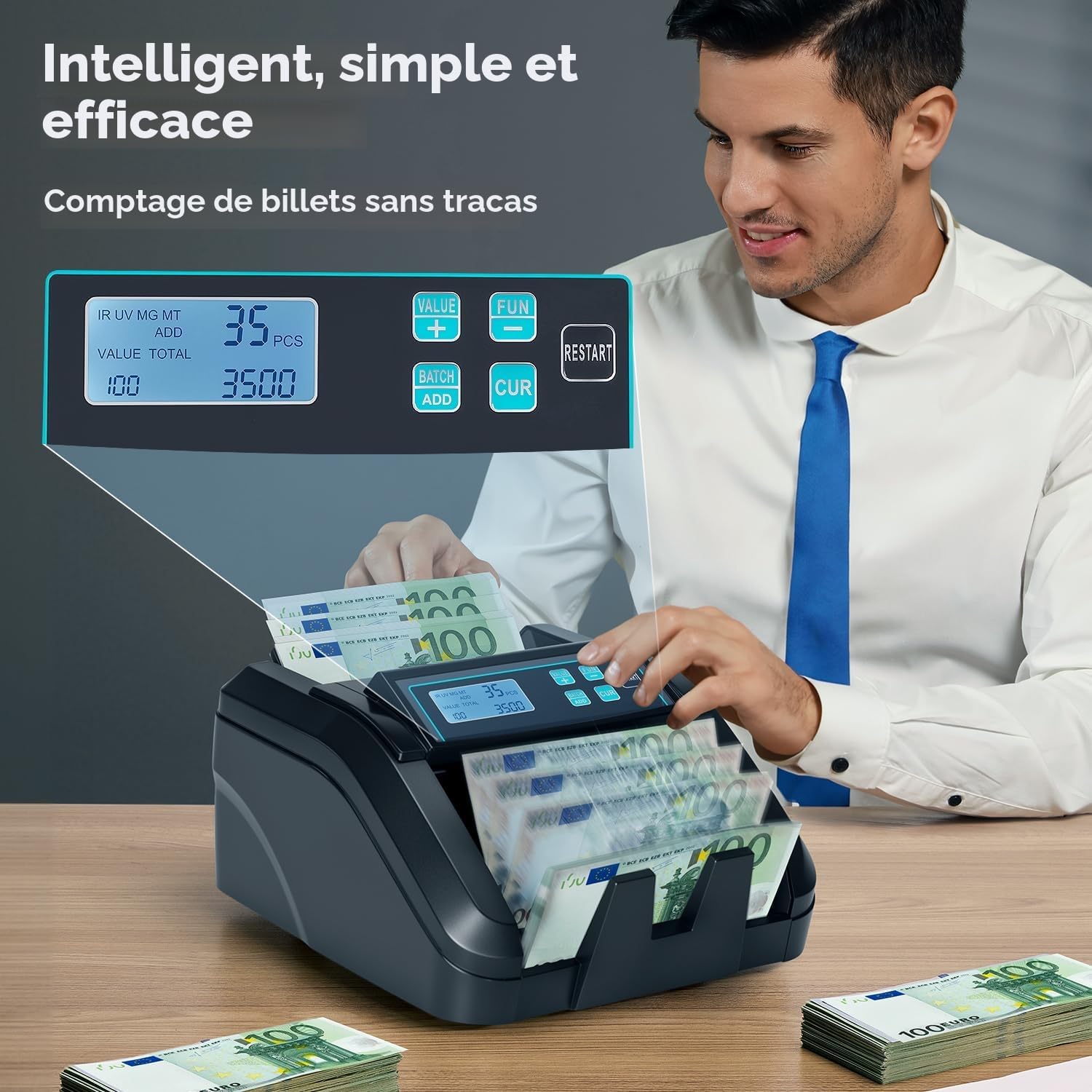 Detalle de MUNBYN IMC51: Compteur d’argent EUR 1100 billets/min avec détection UV/IR/MG et mode Ajout + Lot