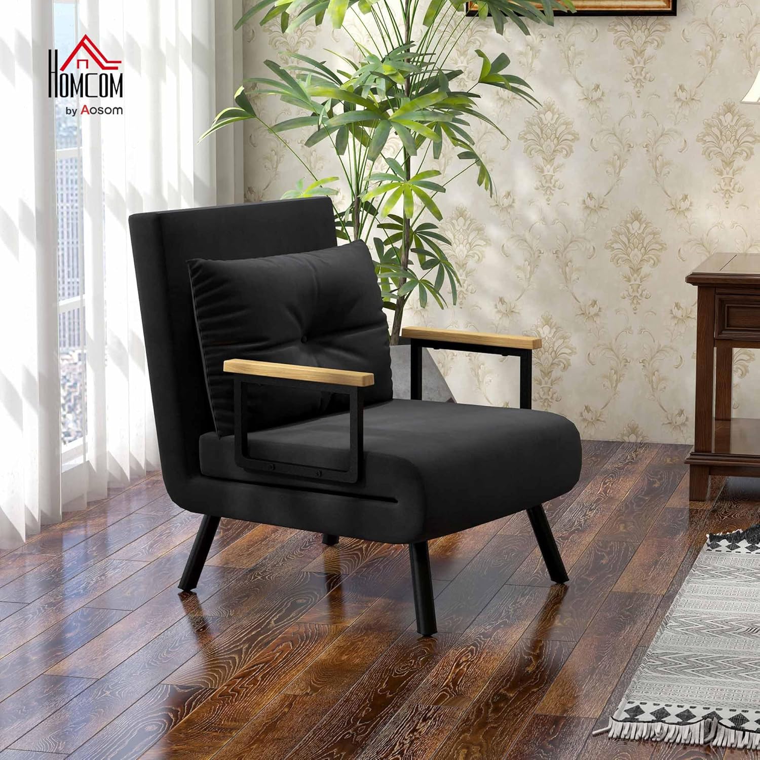 Thumbnail 1 de HOMCOM Fauteuil Convertible 1 Place – 3 en 1, dossier réglable 5 positions, velours noir