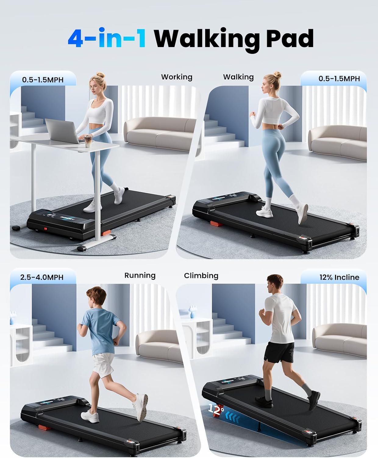 Detalle de Abonow Under-Desk Walking Pad Treadmill with 12% Manual Incline, 2.5 HP Motor