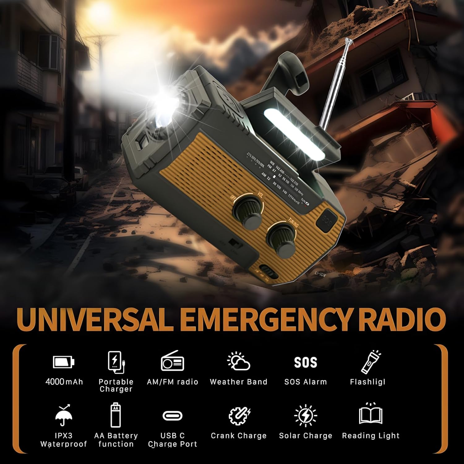 Thumbnail 3 de SOLARBABY Wind Up Solar Radio — AM/FM Weather Emergency Crank Radio with LED Torch and 4000 mAh Battery (Orange)