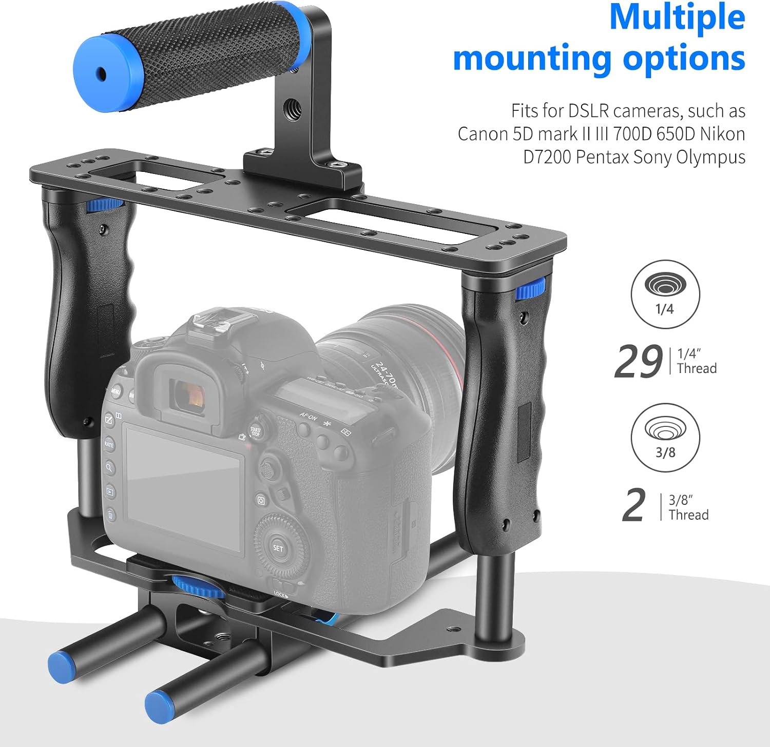 Detalle de Neewer kit cage vidéo en aluminium pour appareil photo (poignée supérieure, double poignée, 2 tiges 15 mm) Noir + Bleu