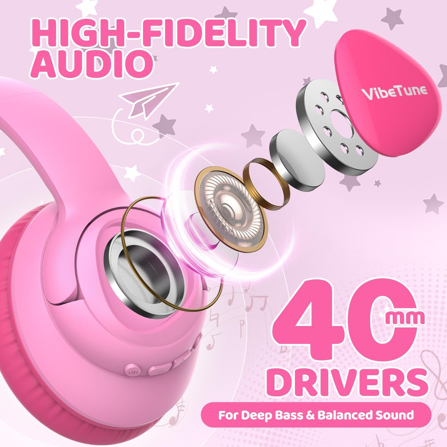 Thumbnail 2 de VibeTune Kids Bluetooth Headphones (Pink) with up to 60H playtime, volume limited 85/94dB and Bluetooth 5.4