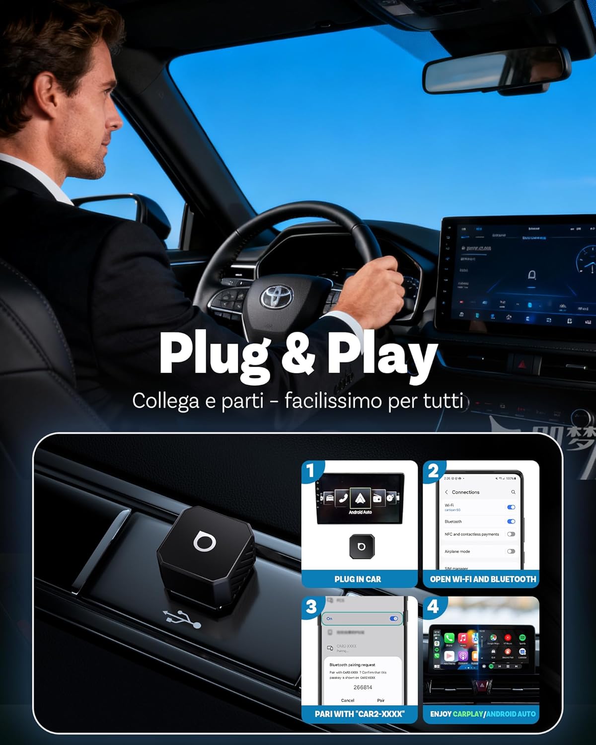 Detalle de Ottocast Mini Cube 3.0: Adattatore CarPlay Wireless USB-C ultra mini per auto (memoria doppia e OTA)