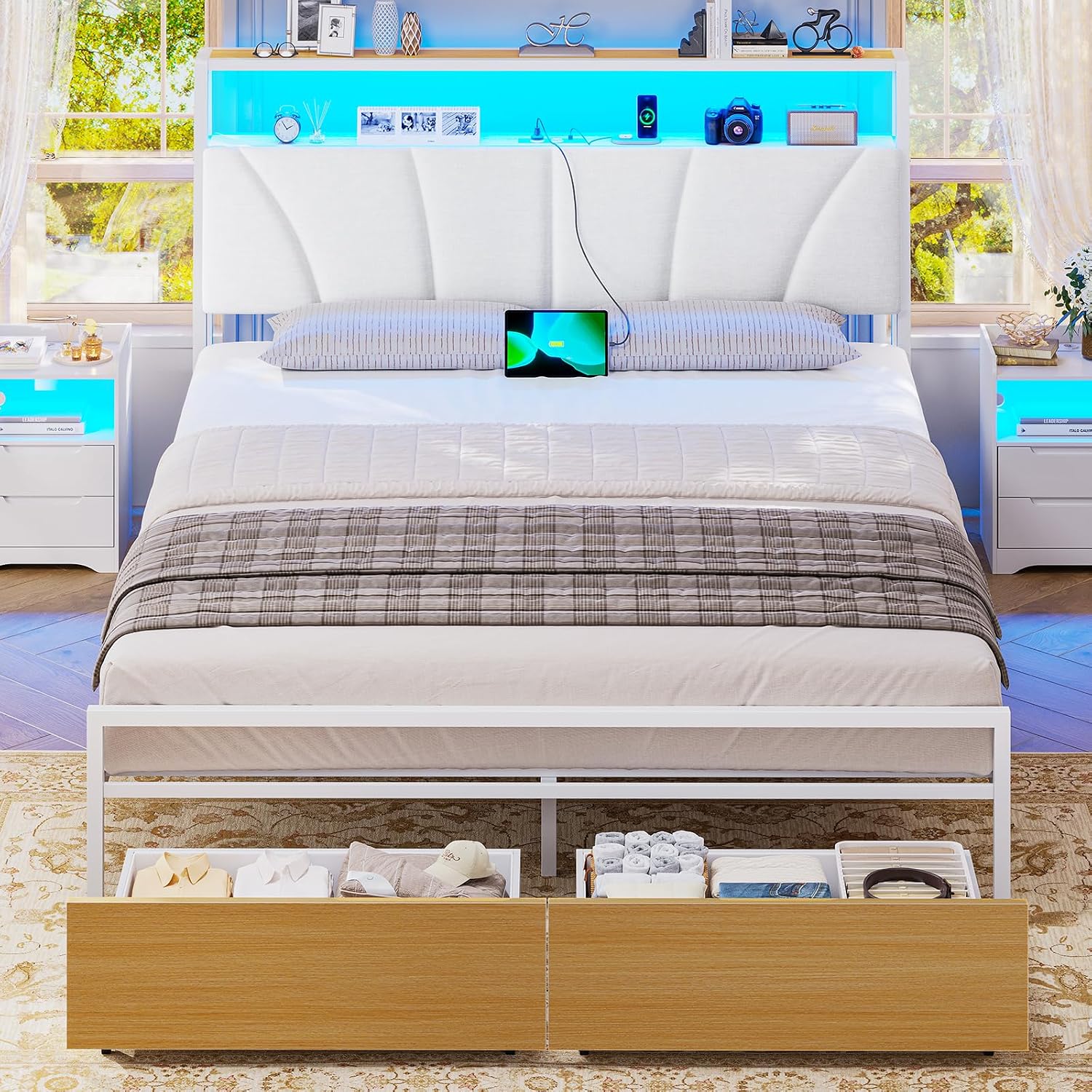 Detalle de Brinlawb Struttura Letto 140x190 cm con Testiera Imbottita, LED e Ricarica – Bianco