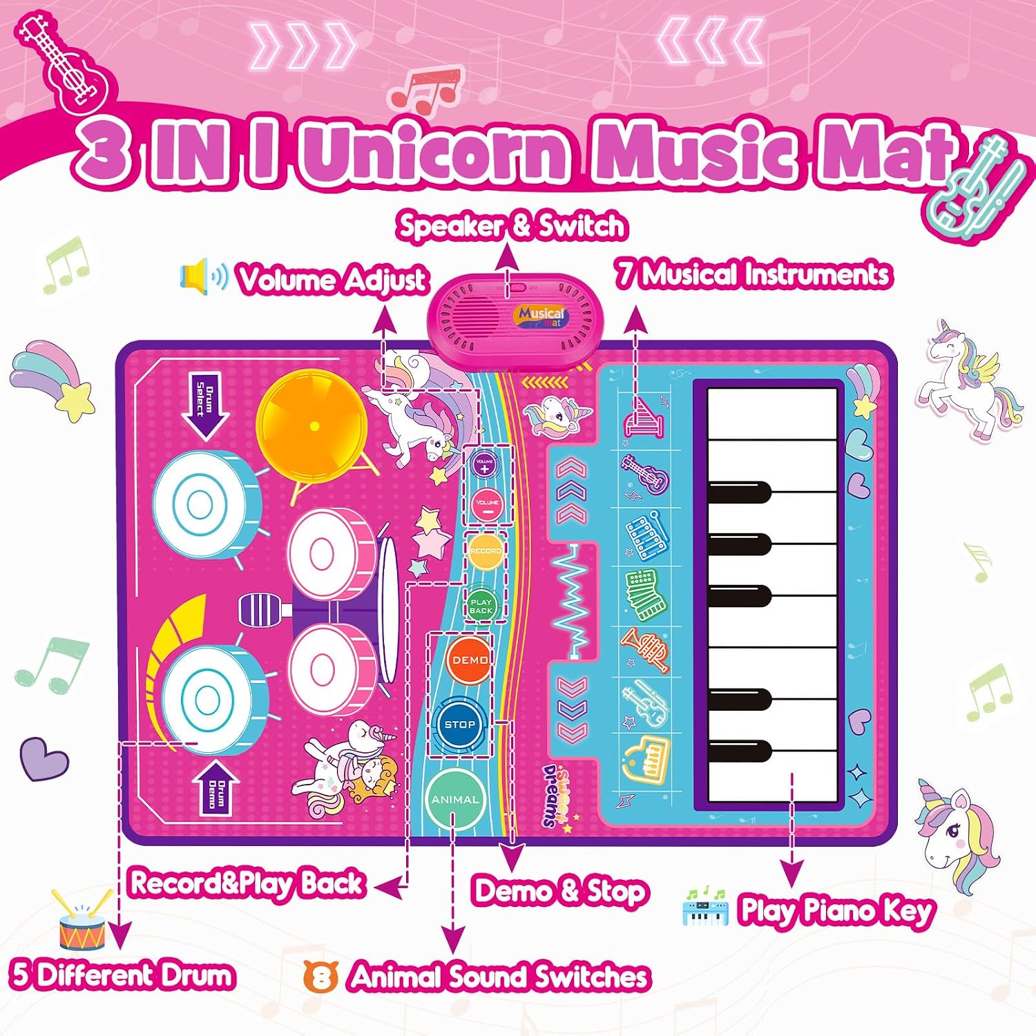 Thumbnail 5 de Gralal Unicorn 3-in-1 Musical Mat for 1–2 Year Old Girls – Pink Piano Drum with 19 Sounds