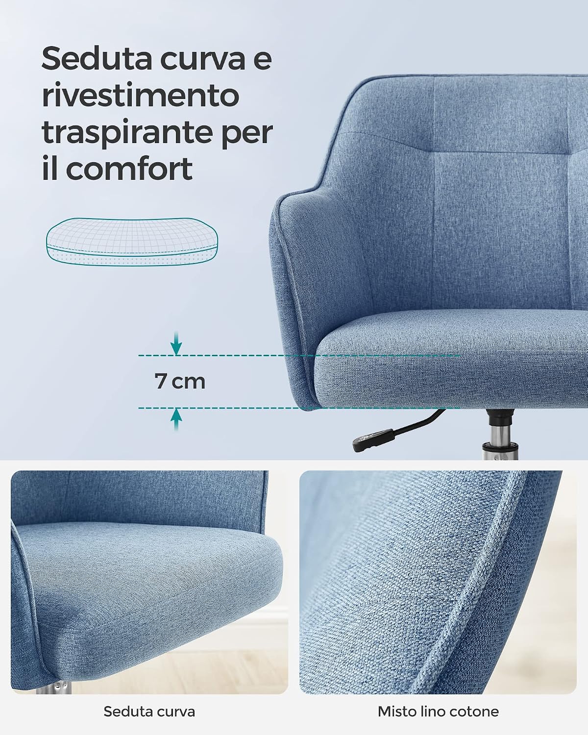 Detalle de SONGMICS OBG019Q01 sedia da studio girevole regolabile in altezza in tessuto cotone-lino blu