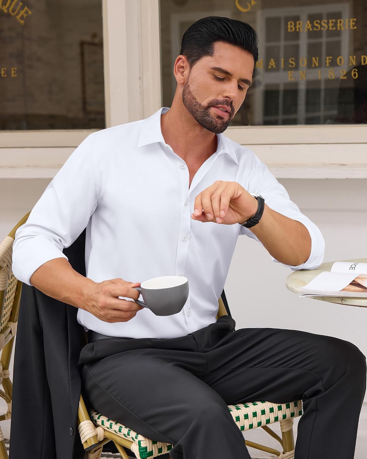 Detalle 2 de Mens Wrinkle-Free Dress Shirt Long Sleeve Stretch Flex Button-Down Shirt, Regular Fit