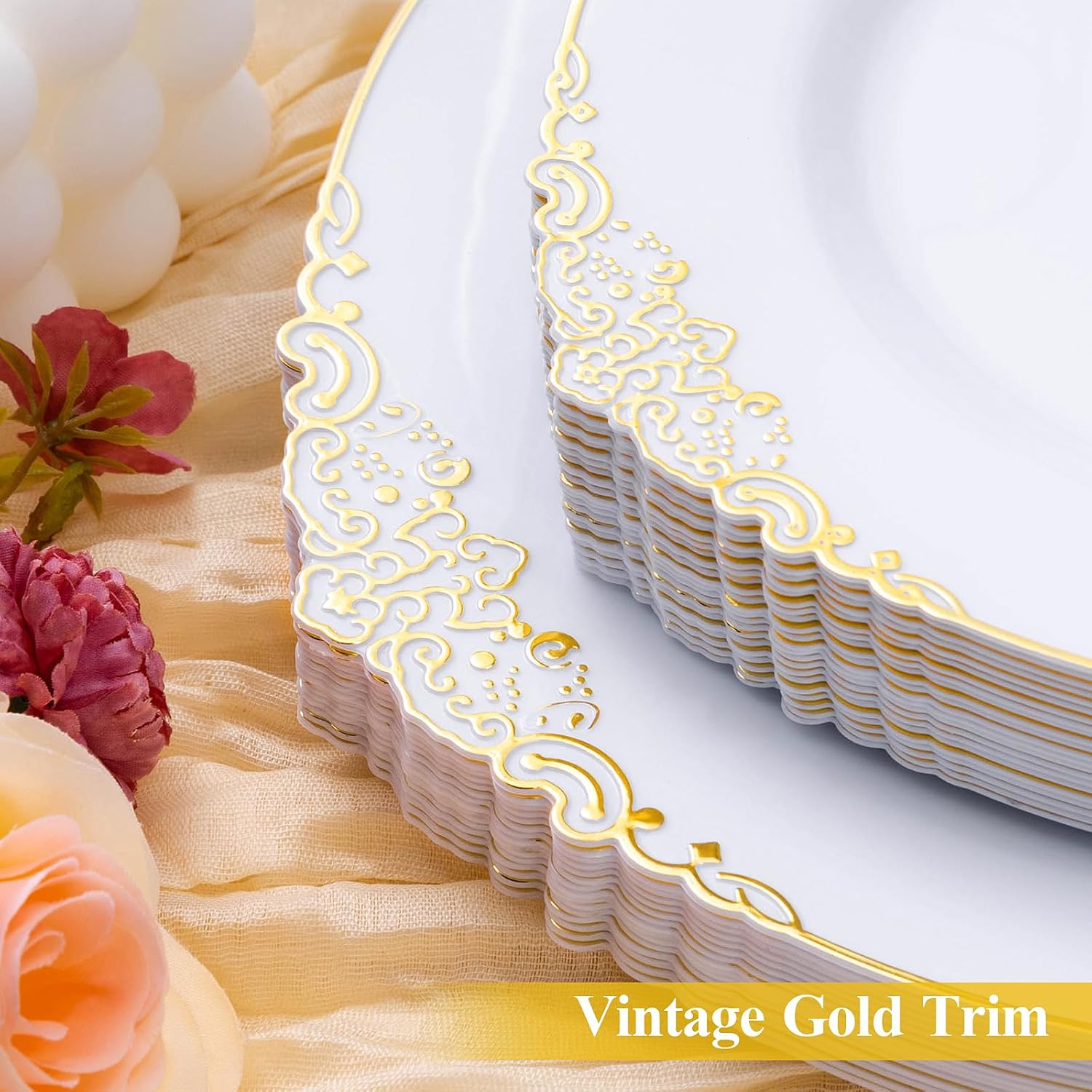 Detalle de Bestluck 200 PCS White and Gold Plastic Plates 10.25