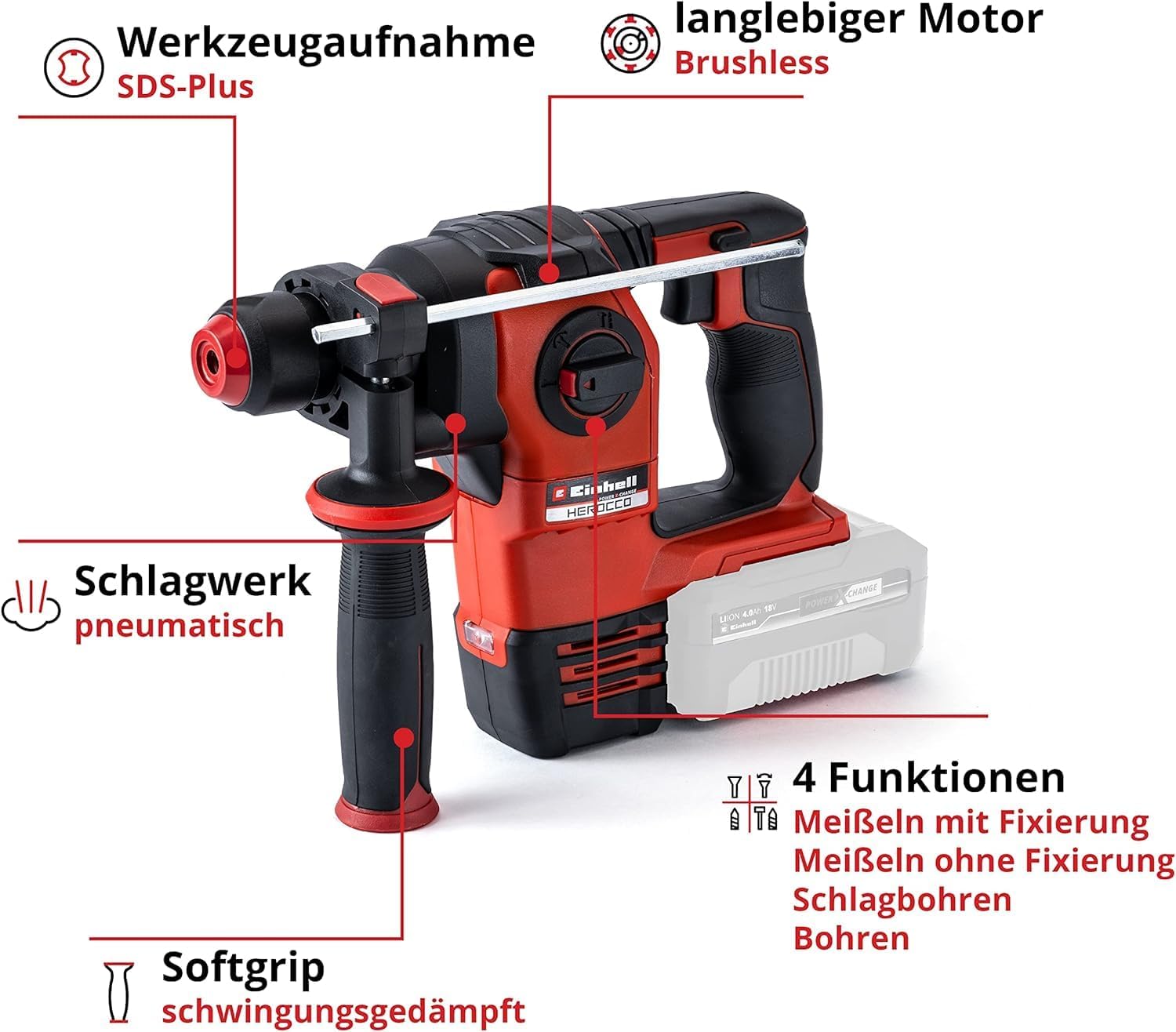 Thumbnail 2 de Einhell Professional HEROCCO 18/20 Power X-Change Akku-Bohrhammer (18 V, Brushless, SDS-plus, 2,2 J) – im Koffer