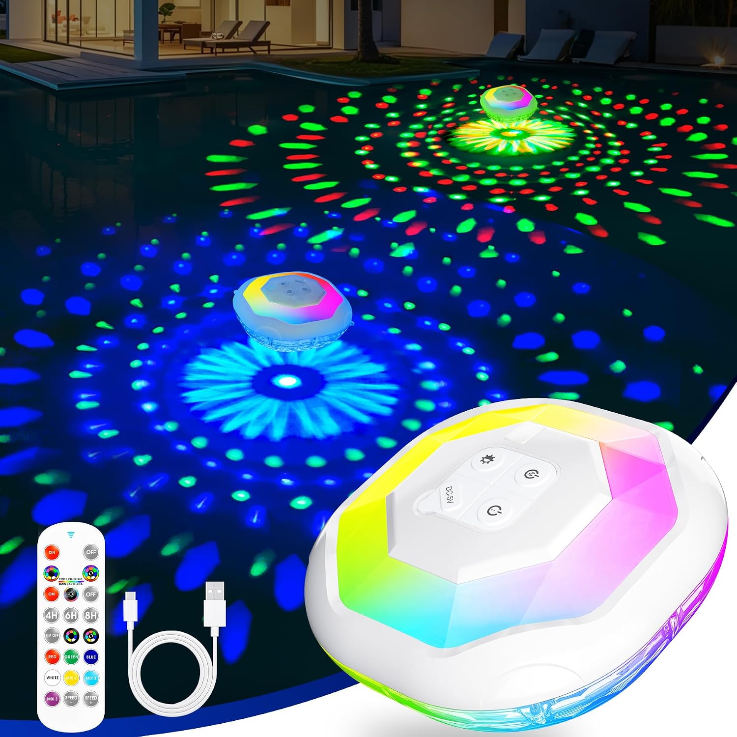 DeeprBetter Luces Piscina Flotantes con Control Remoto: Iluminación RGB Subacuática, Batería de 9000 mAh y Espectáculo de Luz