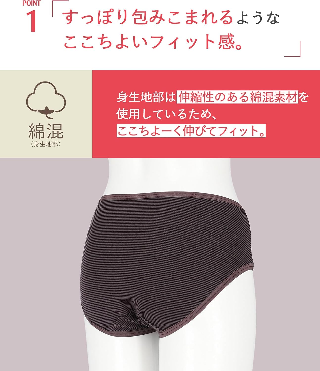 Detalle 2 de ウイング/ワコール デイリーフィット 綿混ボーダーショーツ EC2620・EC2650 はきこみ丈ふつう