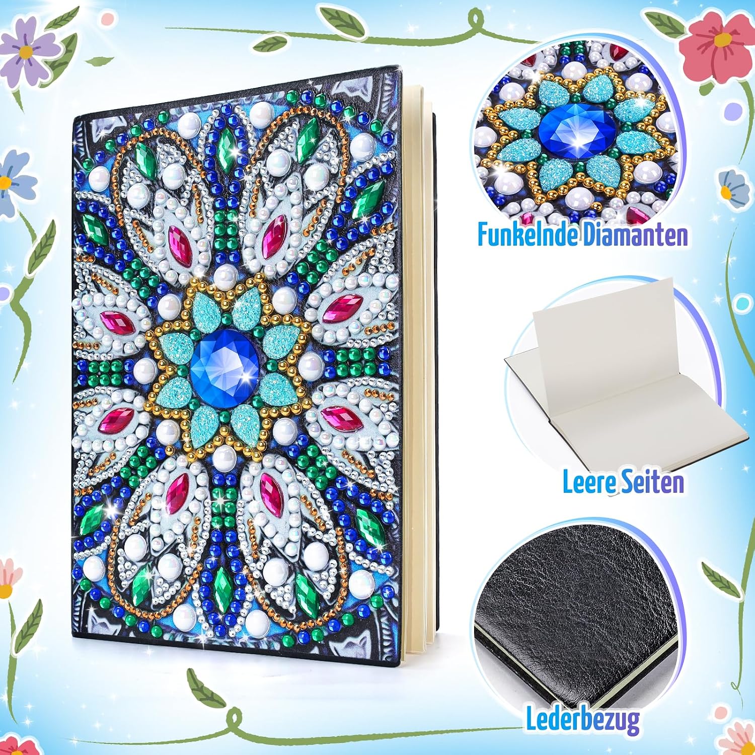 Detalle de pearoft Bastelset Mädchen (7–10 Jahre) – Tagebuch & Diamant Painting A5 Notizbuch Set mit Mandala