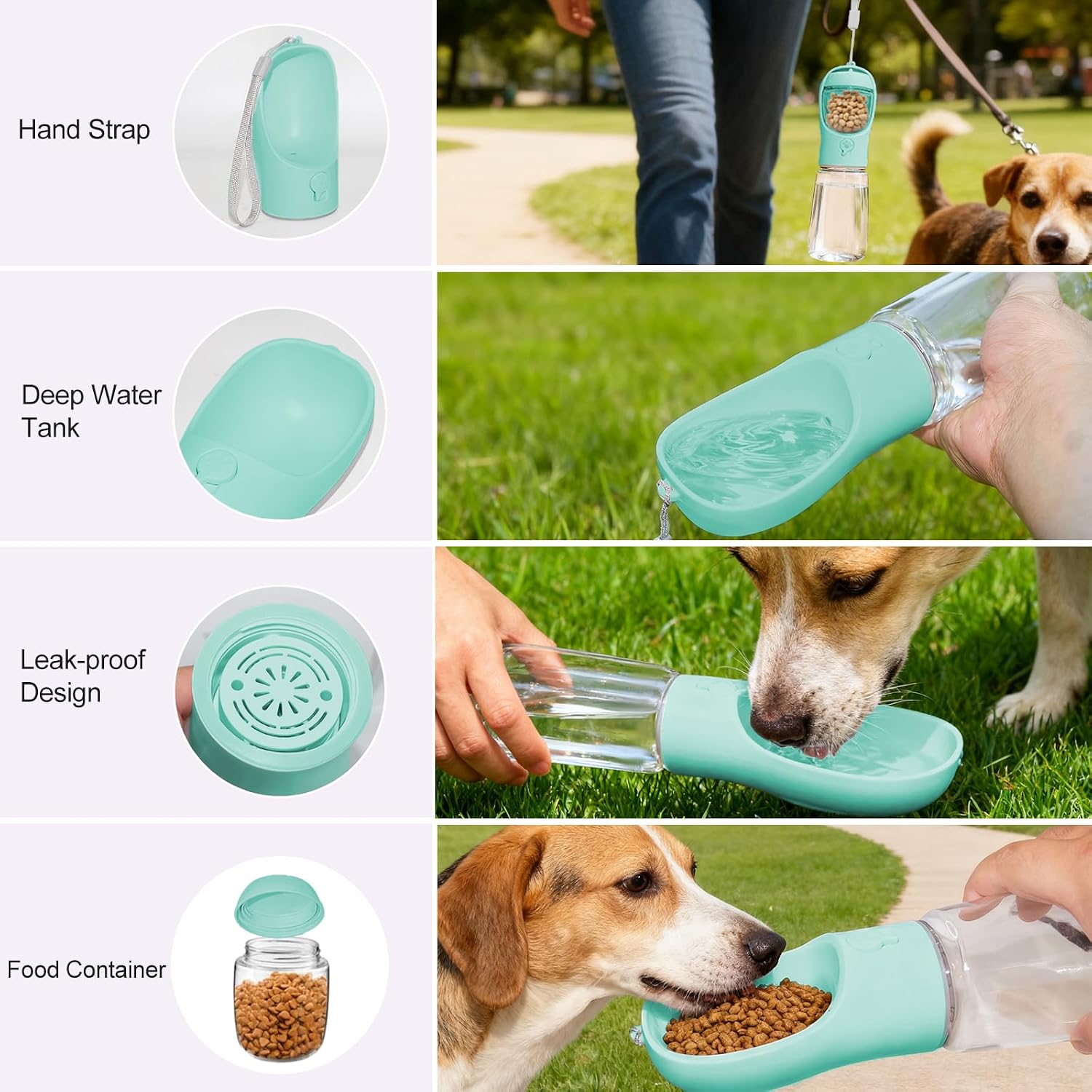 Detalle de Liphier Dog Water Bottle 2 in 1 Portable Water Bottle with Food Container (Green, 550ml)
