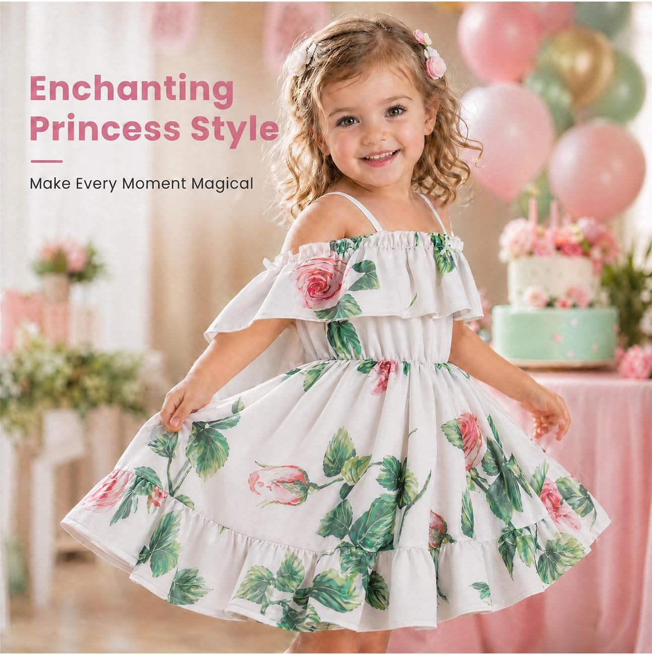 Detalle 2 de JiAmy Toddler Girls Summer Dress – Floral Off-Shoulder Chiffon Ruffle Hem (1–6 Years)