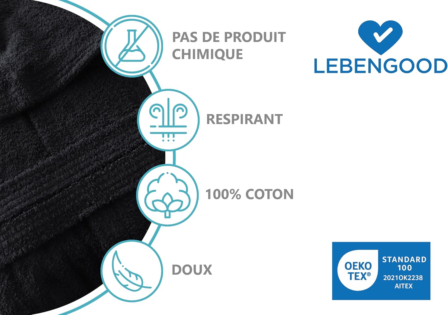 Detalle de Peignoir de bain à capuche en coton éponge LEBENGOOD, 400 g/m², avec ceinture et poches
