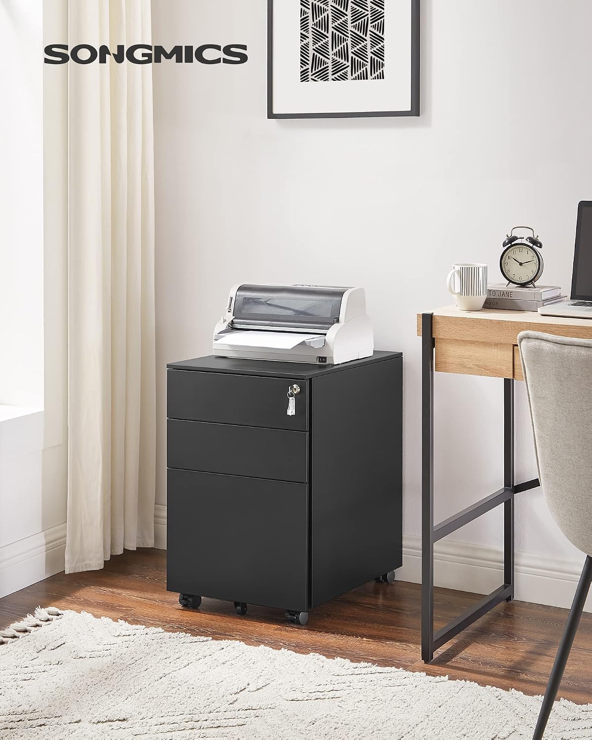 Detalle 2 de SONGMICS BEREND Collection OFC60BK Mobile File Cabinet, Lockable Steel, 3 Drawers