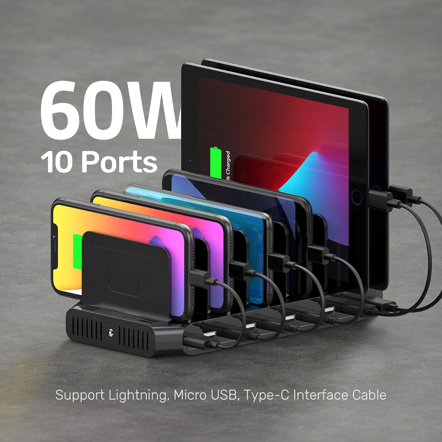 Detalle de Unitek 60W 10-Port USB Multi-Ladestation – flexible Ladestation mit einstellbaren Trennwänden