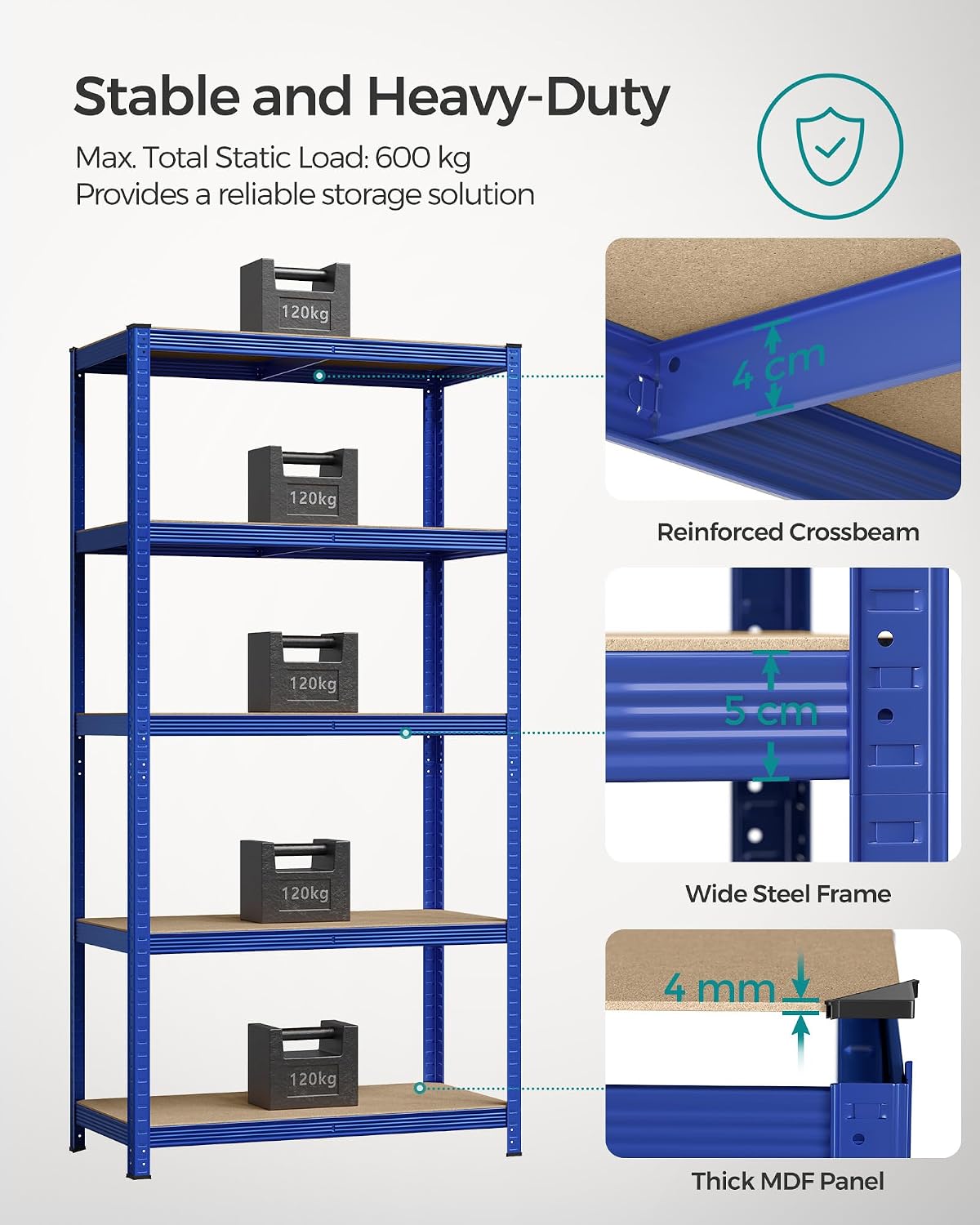Detalle de SONGMICS GLR050Q01V1 5-Tier Shelving Unit, 600 kg Capacity, Adjustable Shelves